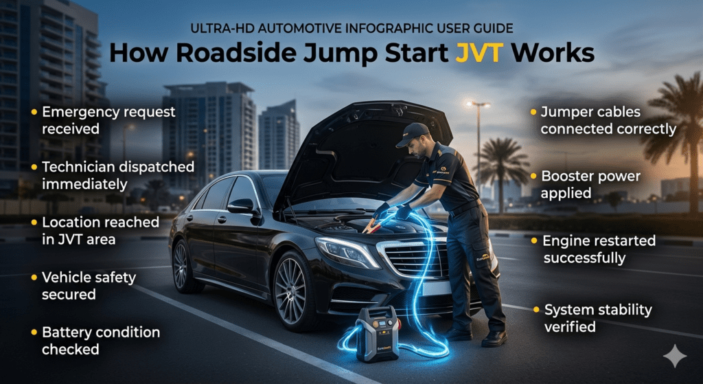 Step-by-step roadside jump start process in Jumeirah Village Triangle showing technician boosting a car battery with full workflow steps displayed around the image.