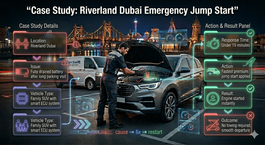 Case study infographic showing Riverland Dubai emergency jump start with EuroSwift Auto Services, including drained battery issue, fast response, jump start action, and instant engine restart without towing.