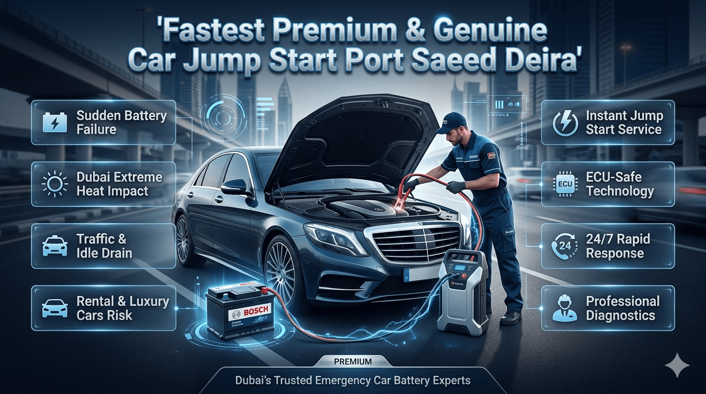 Fastest premium car jump start service in Port Saeed Deira Dubai with technician using advanced ECU-safe battery booster on luxury vehicle