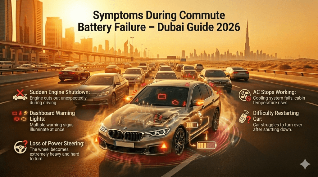 Car commute failure symptoms in Dubai showing engine shutdown, warning lights, loss of steering and AC failure