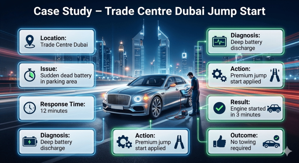 Premium case study infographic showing car jump start service in Trade Centre Dubai with luxury vehicle in center and structured emergency service details displayed in modern UI panels.