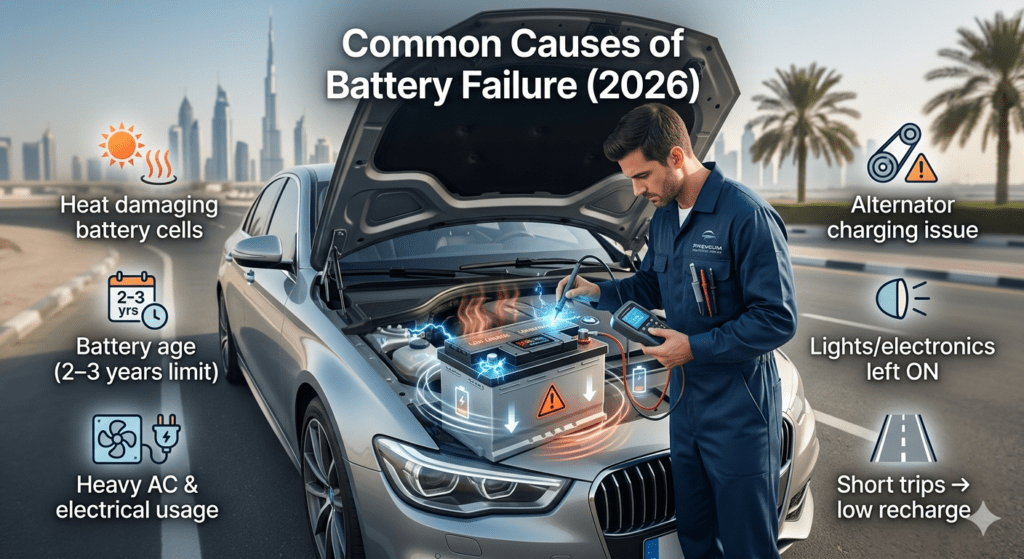 Common causes of car battery failure in Dubai showing heat damage, old battery, alternator issues and electrical usage problems