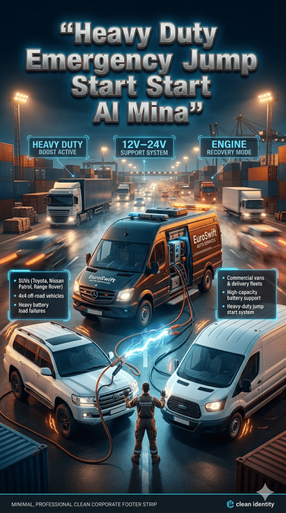 Heavy duty emergency jump start service in Al Mina Dubai showing technician using high-power booster cables on SUV and commercial van with industrial port background and roadside rescue van.