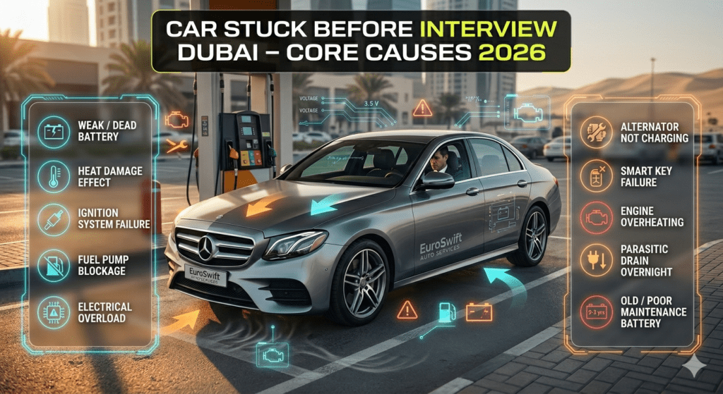 Car breakdown before interview in Dubai showing core causes like battery failure, heat, ignition and electrical issues in infographic style.