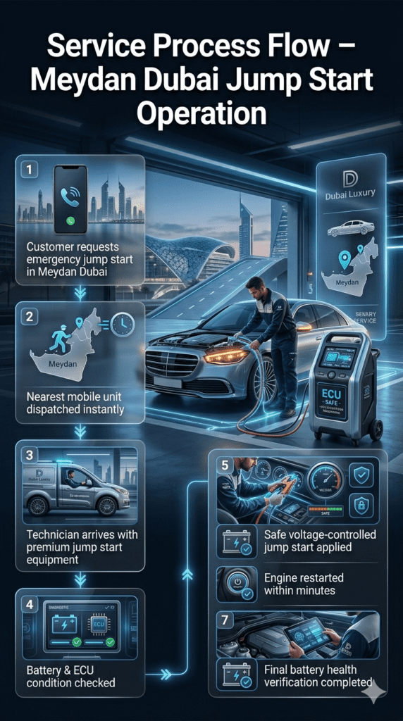 Premium automotive infographic showing step-by-step ECU-safe jump start service process in Meydan Dubai with mobile technician, luxury car support, and roadside emergency recovery system.