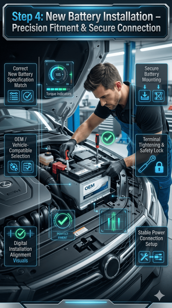 Car battery installation process in modern workshop showing correct specification matching, secure mounting, and terminal tightening by professional mechanic.