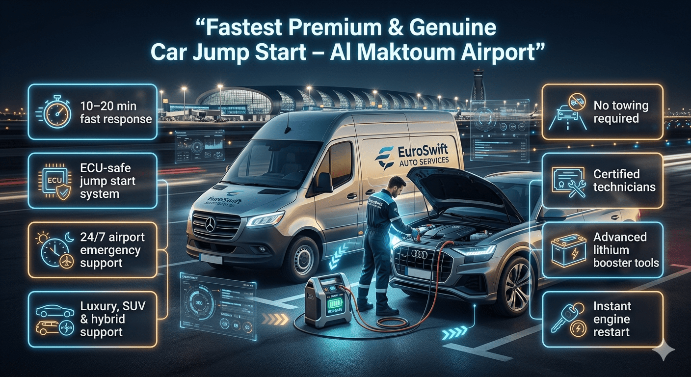 Premium infographic showing fast and genuine car jump start service at Al Maktoum Airport with EuroSwift Auto Services technician, highlighting response time, ECU-safe system, and instant engine restart.