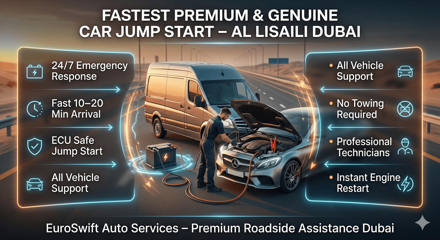 Premium roadside jump start service infographic in Al Lisaili Dubai showing technician boosting luxury car battery with EuroSwift Auto Services branding and feature highlights on both sides.