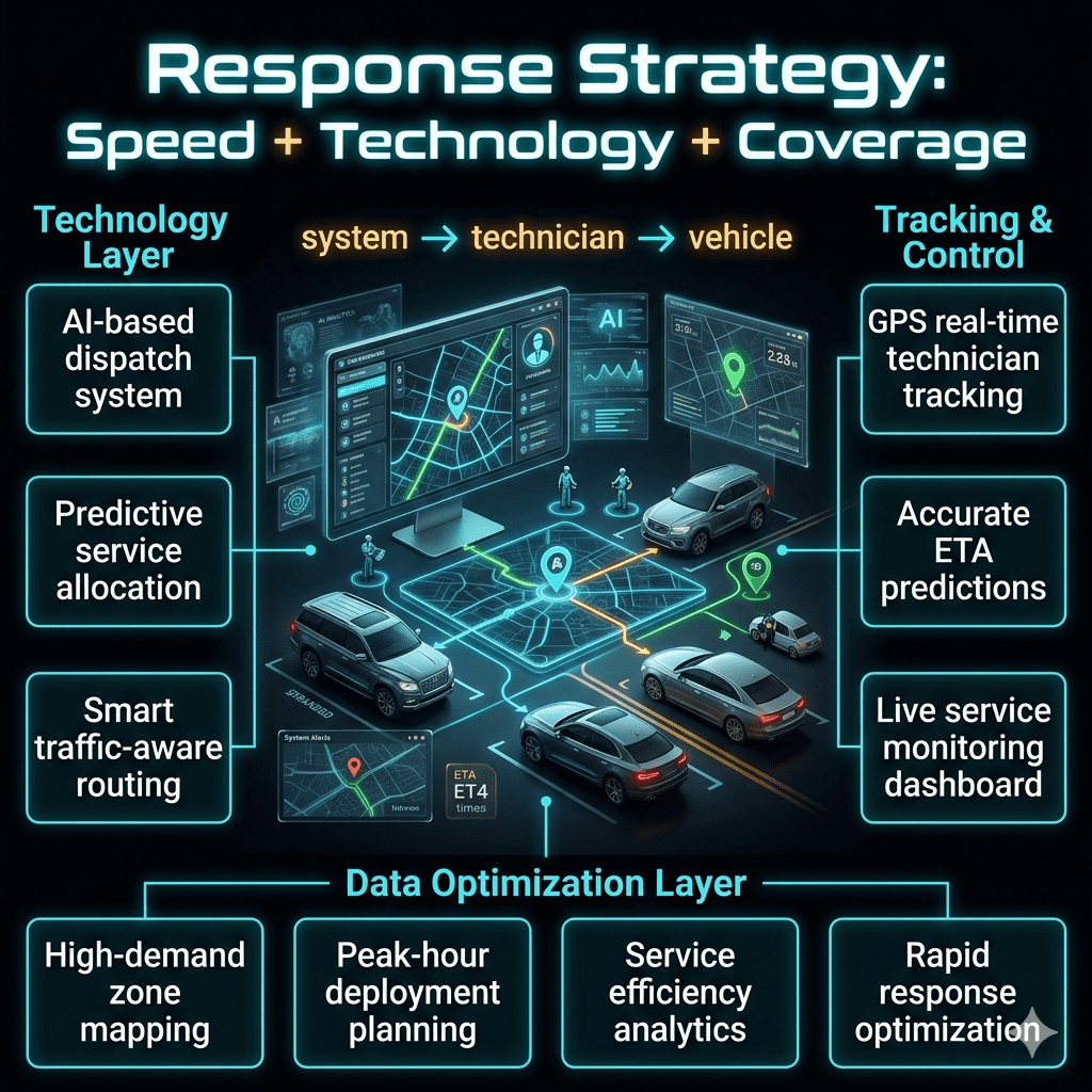 A futuristic Dubai command center dashboard showing AI dispatch, GPS tracking, and smart roadside assistance network for jumpstart services.