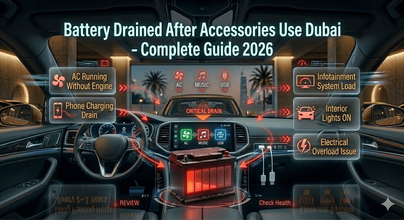 Car battery drained due to accessories use in Dubai showing AC, lights, and infotainment system power consumption.