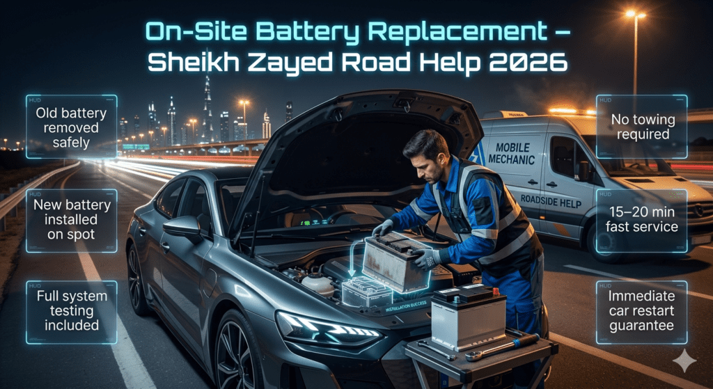 A cinematic roadside service scene on Sheikh Zayed Road showing a mechanic replacing a car battery on-site with a mobile service van and futuristic informational panels describing the replacement process.
