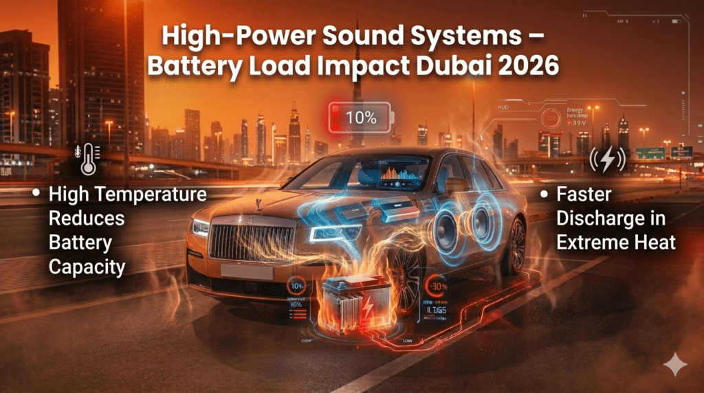 Heat stress in Dubai showing high temperature reducing car battery capacity and increasing discharge speed during audio usage.