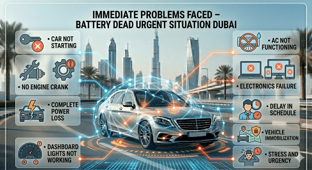 Battery dead urgent situation showing immediate problems like car not starting, power loss, and system failure in Dubai