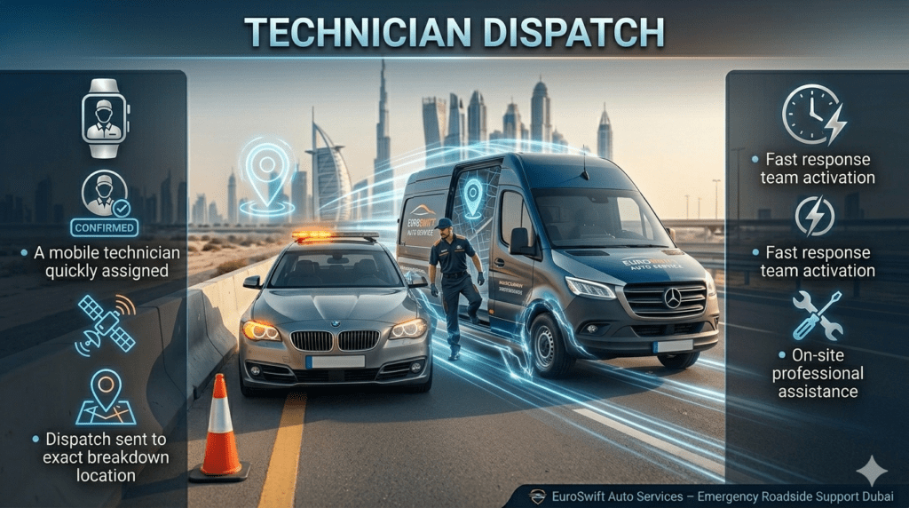 Technician dispatch scene showing a mobile mechanic van arriving at a roadside car breakdown with highlighted service steps and professional assistance infographic layout.