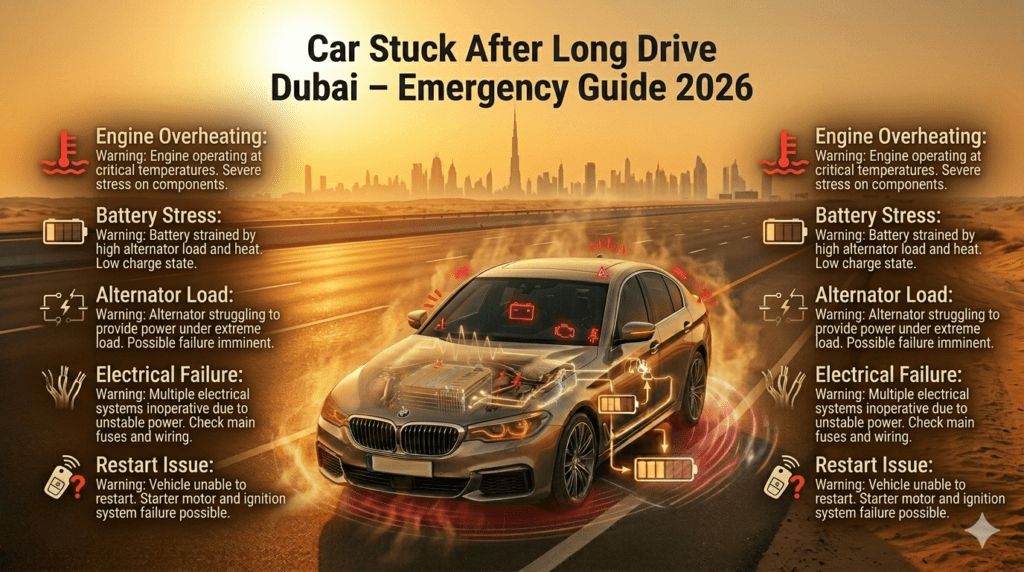 Car stuck after long drive in Dubai showing overheating, battery stress, and engine failure on roadside