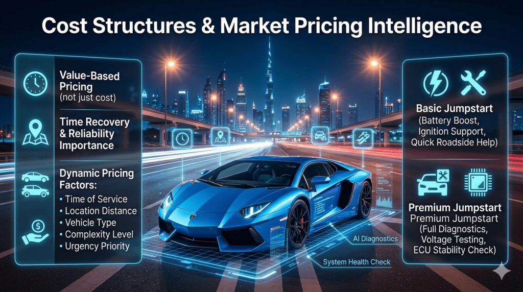 A futuristic infographic showing a Lamborghini in Dubai with glowing panels explaining pricing factors and service packages for emergency jumpstart services.