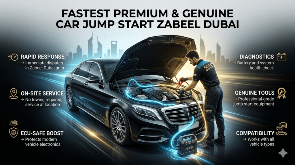 Premium roadside jump start service in Zabeel Dubai showing technician boosting car battery with key service features displayed on both sides.