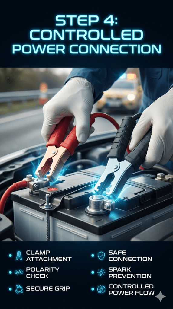 Technician safely connecting heavy-duty jump starter clamps to a car battery with correct polarity alignment during controlled power connection process.