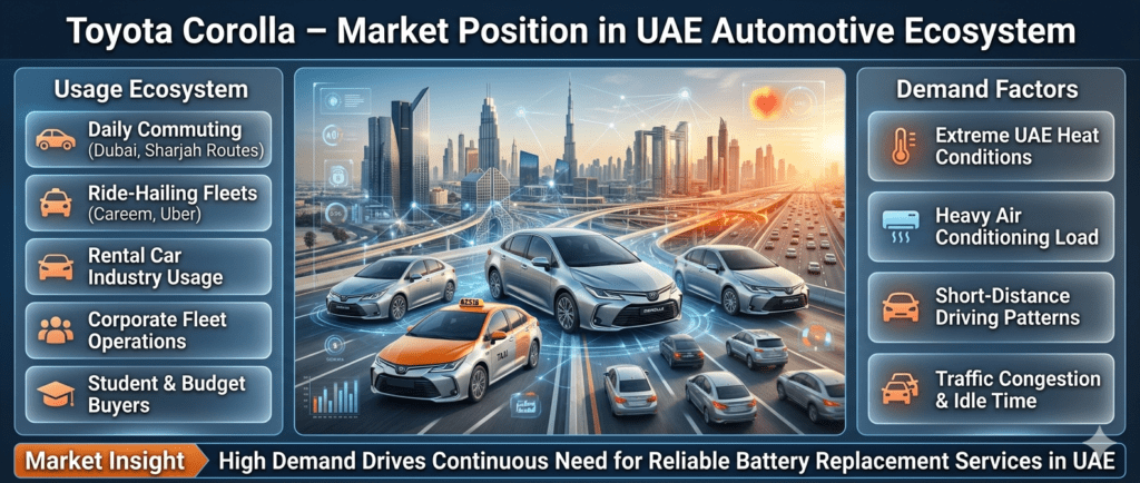 Toyota Corolla market infographic showing UAE mobility ecosystem usage in commuting, ride-hailing, rental fleets, and battery replacement demand due to extreme heat and traffic conditions.