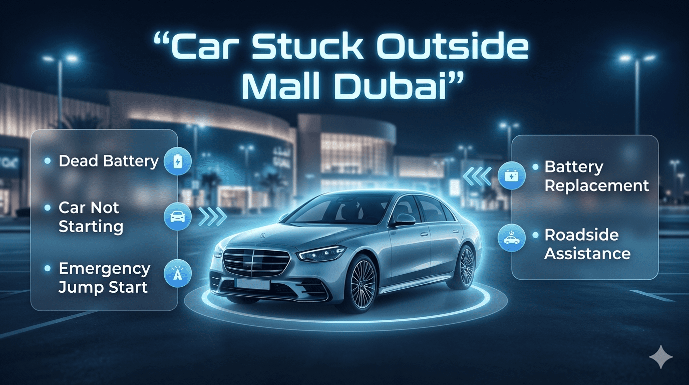 Car stuck outside a Dubai mall with highlighted battery issues and roadside assistance solutions in a modern infographic style.