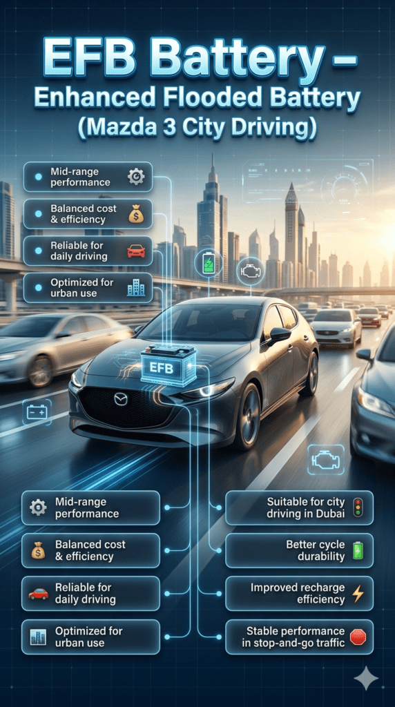 Mazda 3 EFB battery infographic showing mid-range performance, city driving suitability in Dubai, and improved cycle durability in urban traffic conditions.