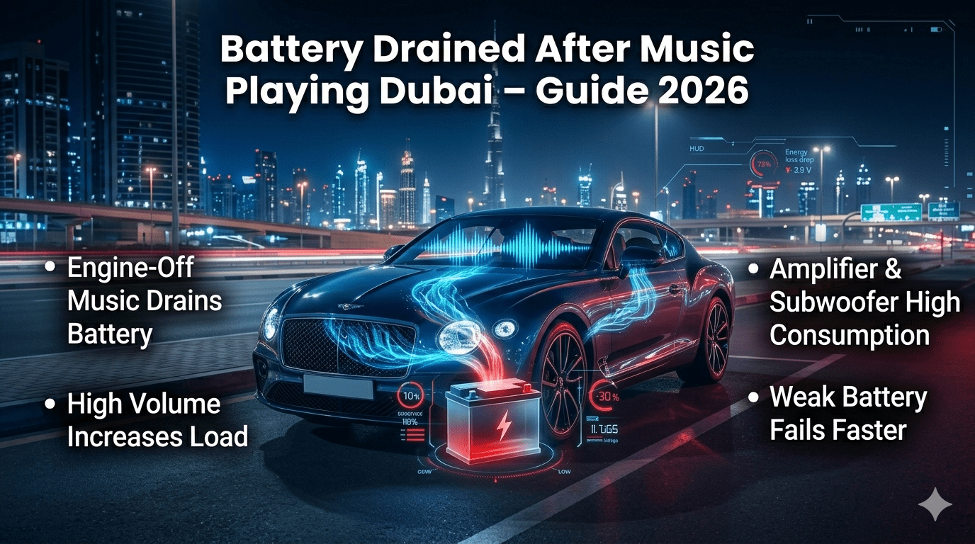 Car battery drained after music playing in Dubai showing engine-off audio usage causing battery discharge with infotainment system active.