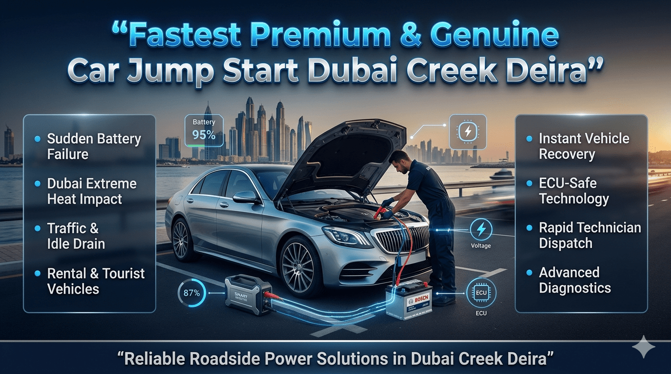 Premium car jump start service in Dubai Creek Deira showing technician using advanced ECU-safe booster on luxury vehicle for instant recovery