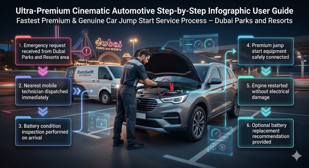 Step-by-step infographic showing car jump start process in Dubai Parks and Resorts including emergency request, technician dispatch, inspection, jump start, engine restart, and battery recommendation.