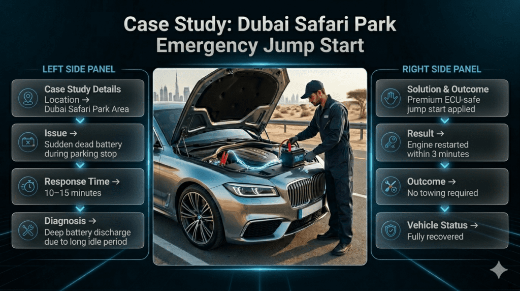 Premium automotive case study infographic showing emergency ECU-safe jump start service near Dubai Safari Park with fast response, luxury vehicle support, and full roadside recovery.