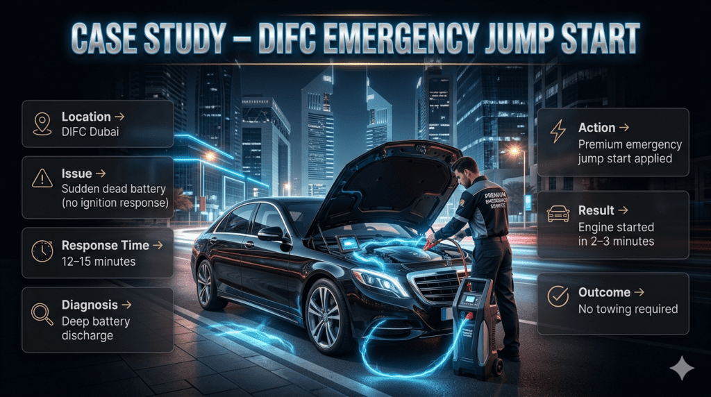 Luxury roadside jump start case study in DIFC showing technician performing ECU-safe battery boost with structured emergency details displayed on both sides.