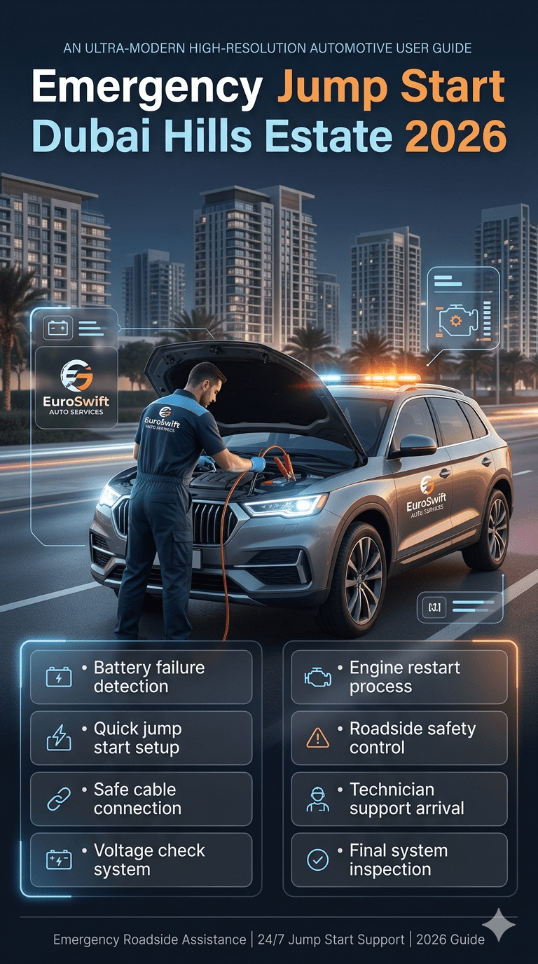 Emergency jump start service in Dubai Hills Estate showing technician boosting a car battery with professional tools in a modern roadside emergency setup infographic style.