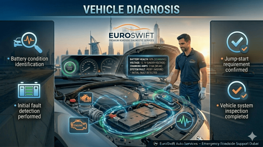 Technician performing vehicle diagnosis on a roadside car, checking battery condition and confirming jump-start requirement using diagnostic tools.