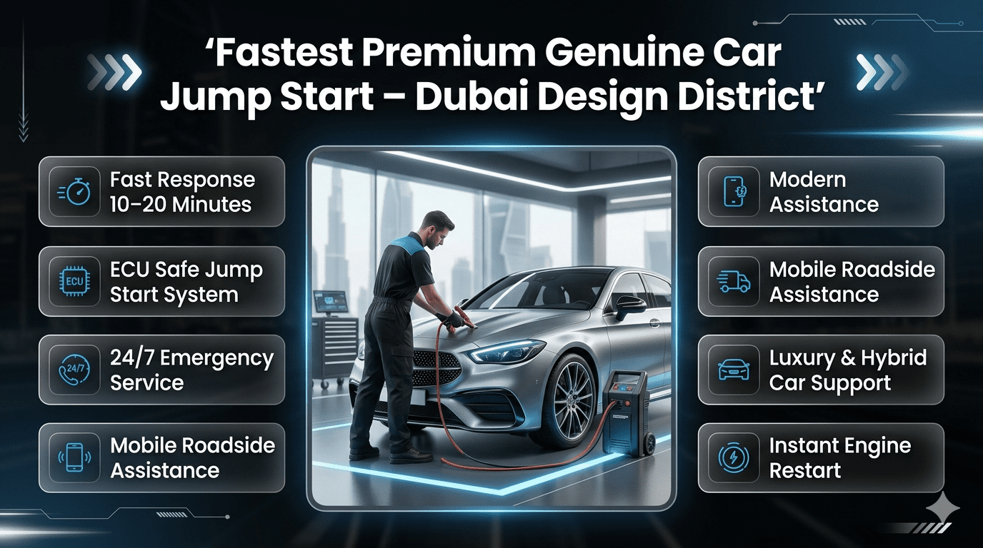 Luxury roadside jump start service infographic showing fast emergency car battery assistance in Dubai Design District with premium technician support and modern UI design.
