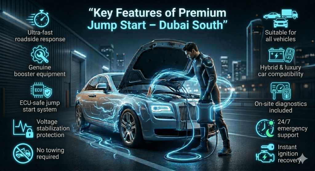 Premium jump start service in Dubai South showing technician boosting a luxury car with key features displayed on both sides