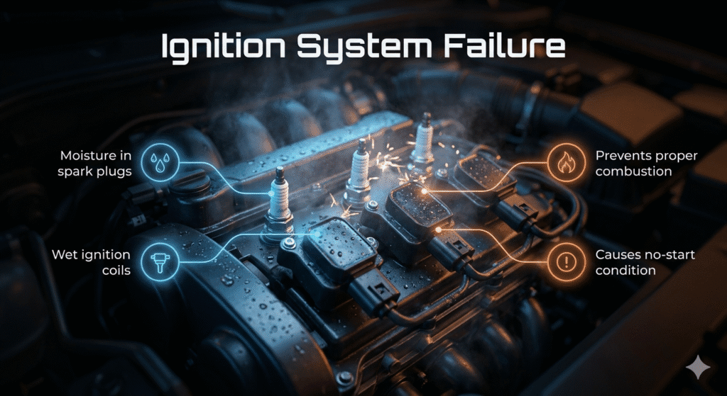 Car ignition system with wet spark plugs and coils causing failure to start engine