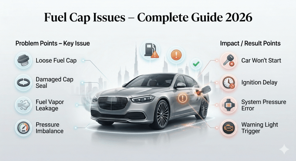 Loose or damaged fuel cap causing car starting issues shown in a clean automotive infographic guide