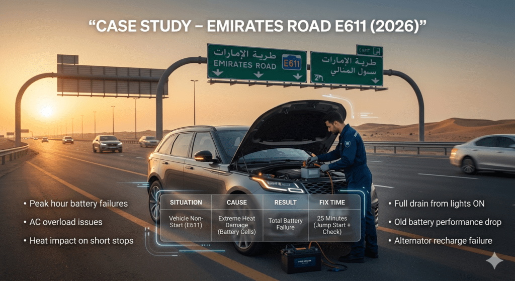 car jump start case study Emirates Road E611 showing battery failure situations causes results and fix time in Dubai