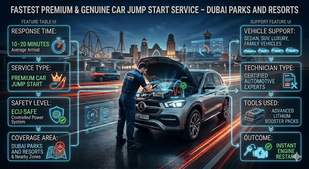 Feature table infographic showing premium car jump start service in Dubai Parks and Resorts with EuroSwift Auto Services, including response time, safety system, coverage area, tools used, and instant engine restart.