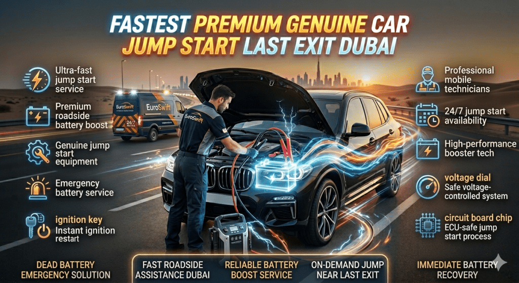Premium car jump start service in Last Exit Dubai showing fast roadside battery boost with technician and advanced equipment