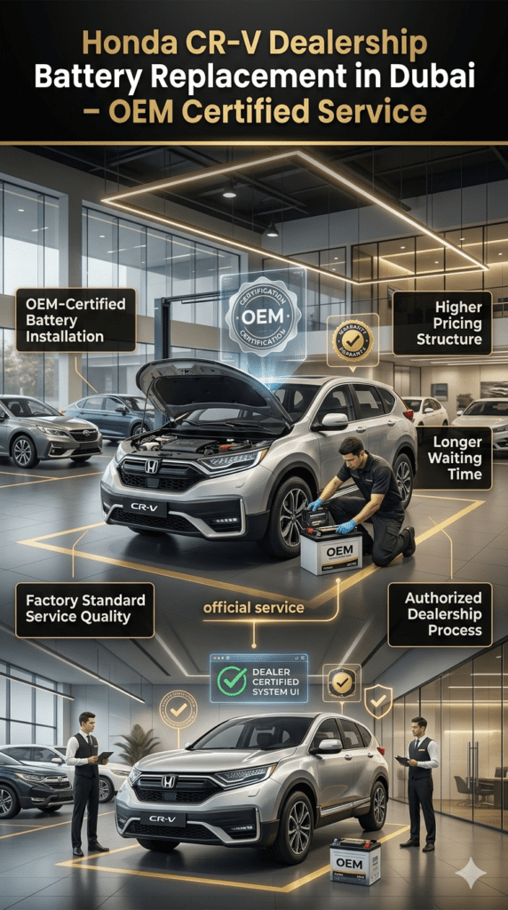 Honda CR-V dealership battery replacement showing OEM-certified installation, luxury service center, higher pricing structure, and professional workshop environment in Dubai.