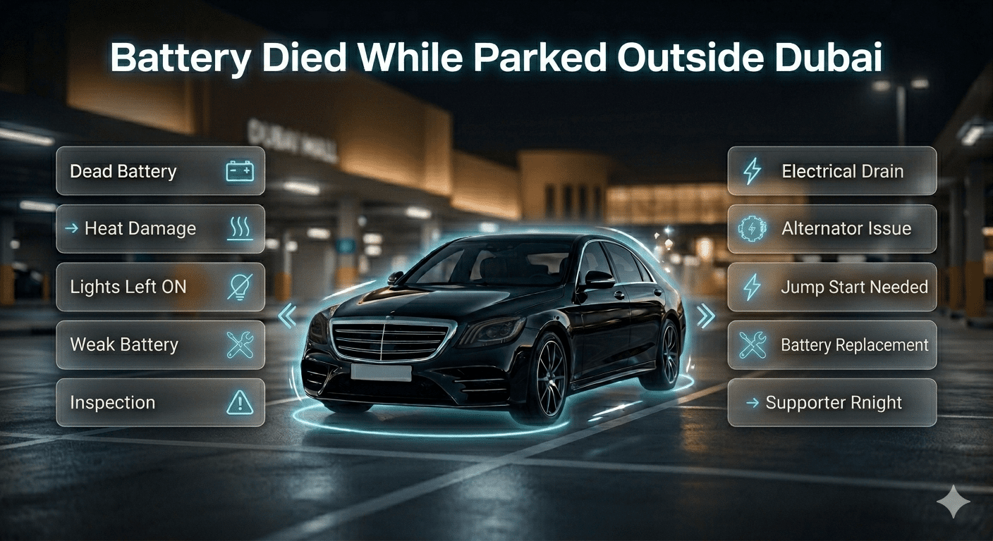 Infographic showing a car with a dead battery while parked in Dubai, highlighting causes and solutions in a modern visual layout.