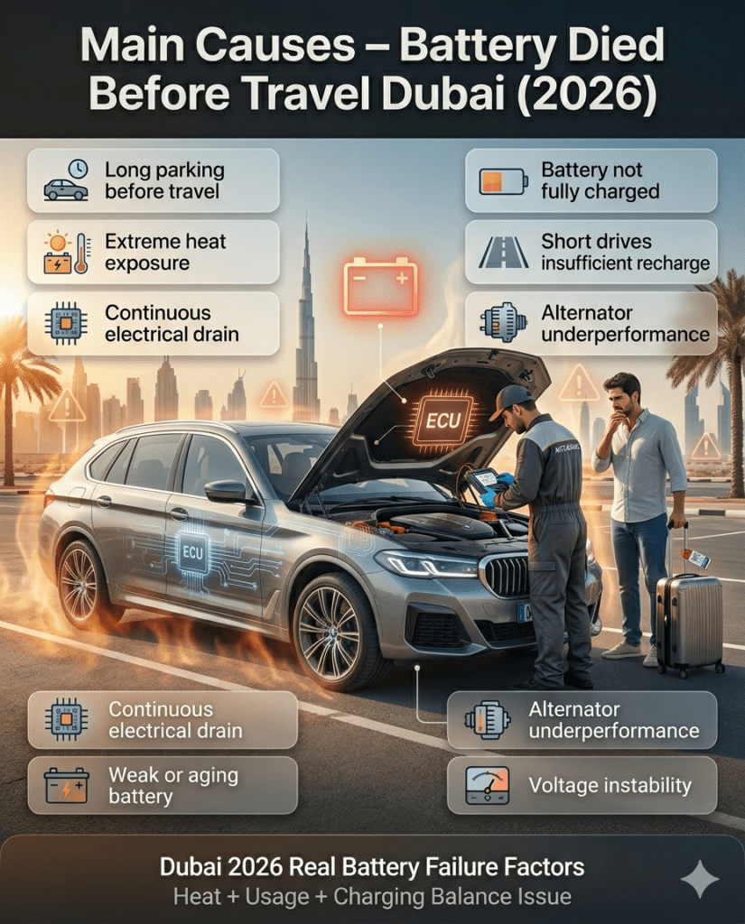 Technician diagnosing car battery in Dubai heat showing main causes like long parking, heat exposure, and weak battery before travel