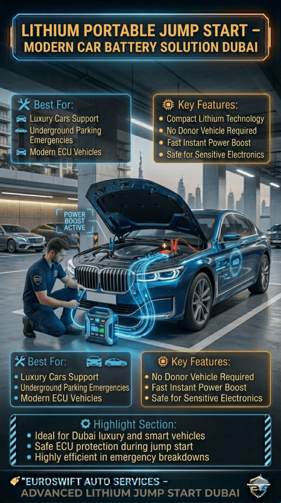 Luxury car lithium portable jump start in Dubai showing compact battery booster connected to BMW in underground parking with infographic safety and power boost indicators.