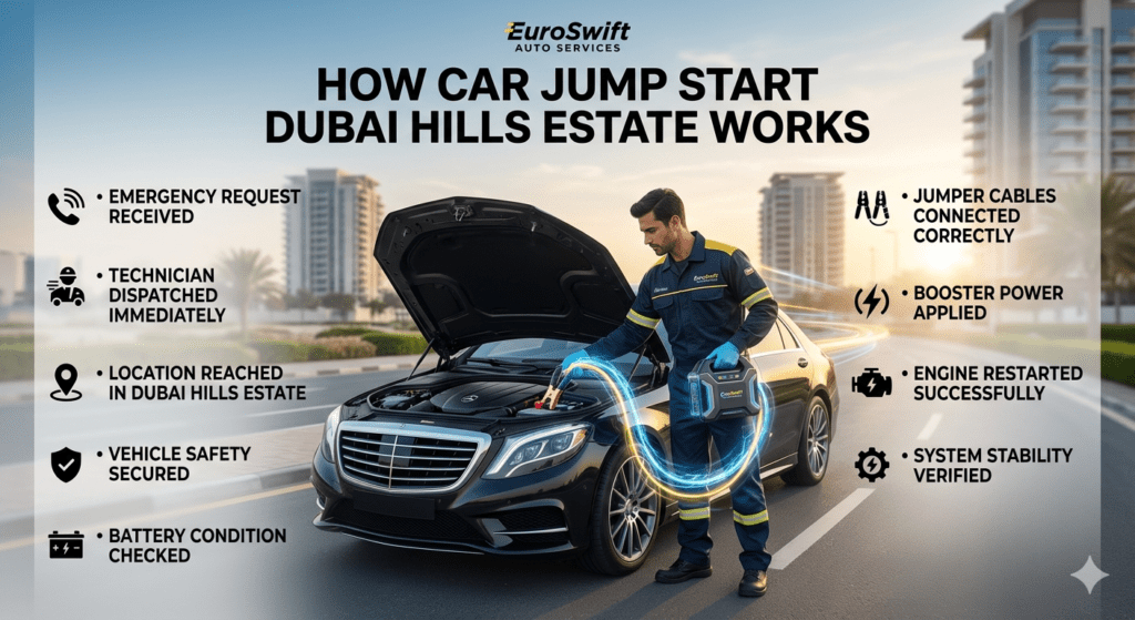 Step-by-step car jump start process in Dubai Hills Estate showing technician boosting a car battery with full workflow steps displayed around the image.