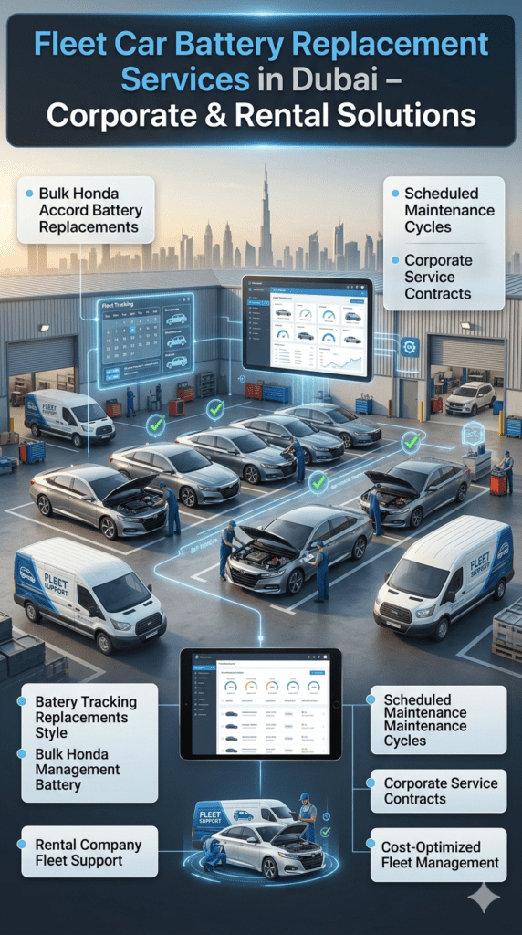 Fleet car battery replacement service in Dubai showing multiple Honda Accord vehicles, technicians performing bulk replacements, and corporate maintenance scheduling system.