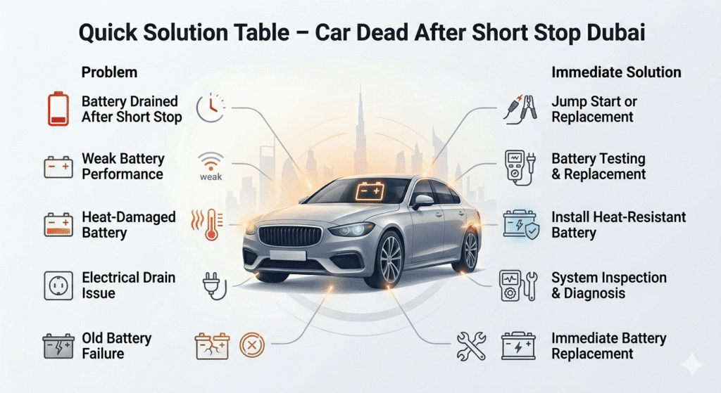 Quick solution table for car battery failure after short stop in Dubai showing problems and immediate fixes