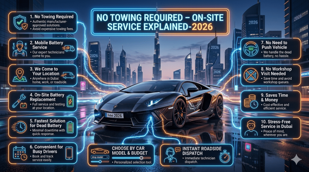 infographic showing a luxury Lamborghini in the center with Dubai skyline background and bold title at top reading No Towing Required – On-Site Service Explained-2026. Side bullet points mention no towing required, mobile battery service, on-site replacement, fast solution for dead battery, no workshop visit, saves time and money, and stress-free Dubai service. Futuristic glowing automotive design.
