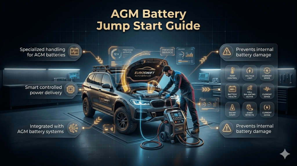 Infographic showing AGM battery jump start process with controlled power delivery and safe handling to prevent internal battery damage.