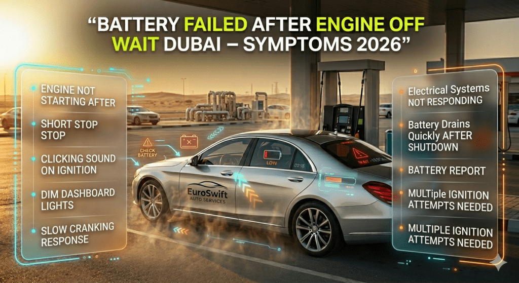 Symptoms of car battery failure after engine off wait in Dubai including no start, clicking sound, and weak dashboard lights.