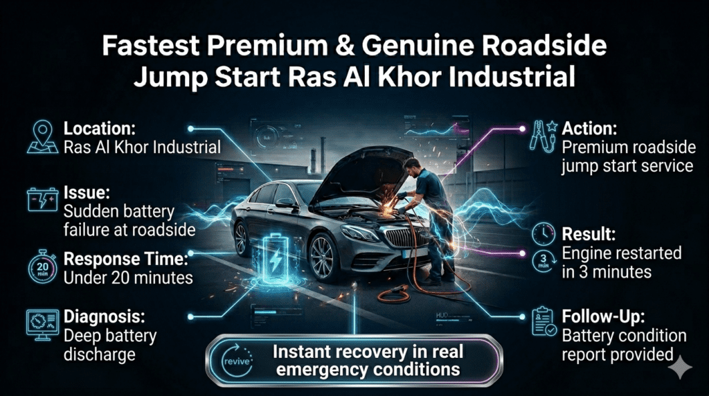 Roadside jump start case study in Ras Al Khor Industrial showing technician fixing dead battery with service timeline and results.